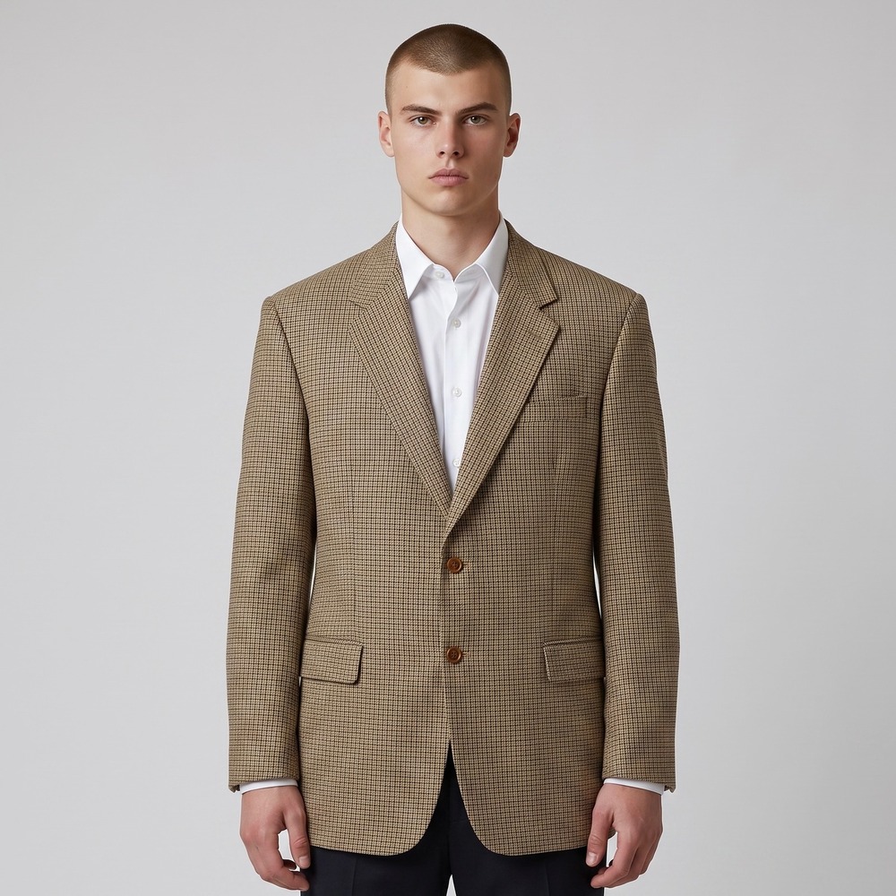 Brooks Brothers Wool Blazer Jacket Mens 46L Tan Sport Coat Houndstooth Italy